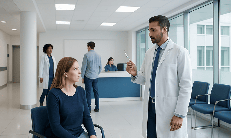 Doctor explaining treatment to patient in hospital waiting area.