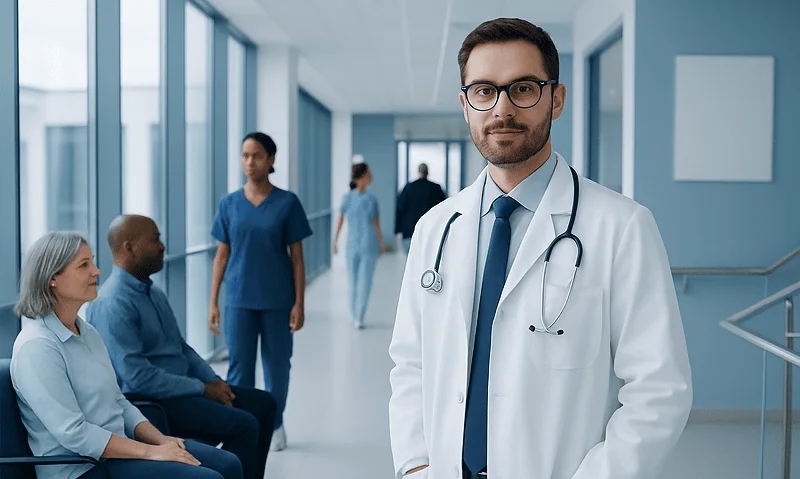 Doctor with stethoscope in hospital corridor with patients and staff.
