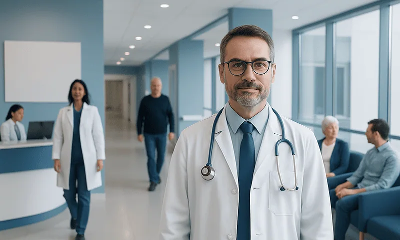Medical team in hospital lobby with doctor in foreground and patients in background.