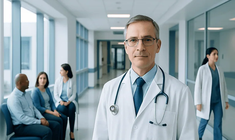 Oncologist in hospital corridor with patients and staff in background.