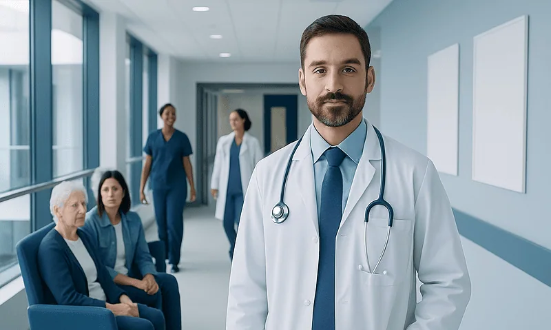 Medical team in hospital corridor with a doctor in foreground.
