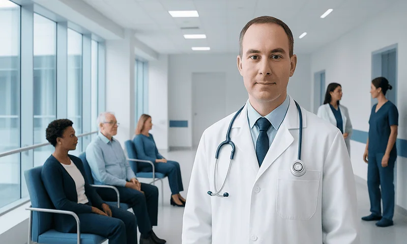 Doctor with patients in a hospital waiting area.
