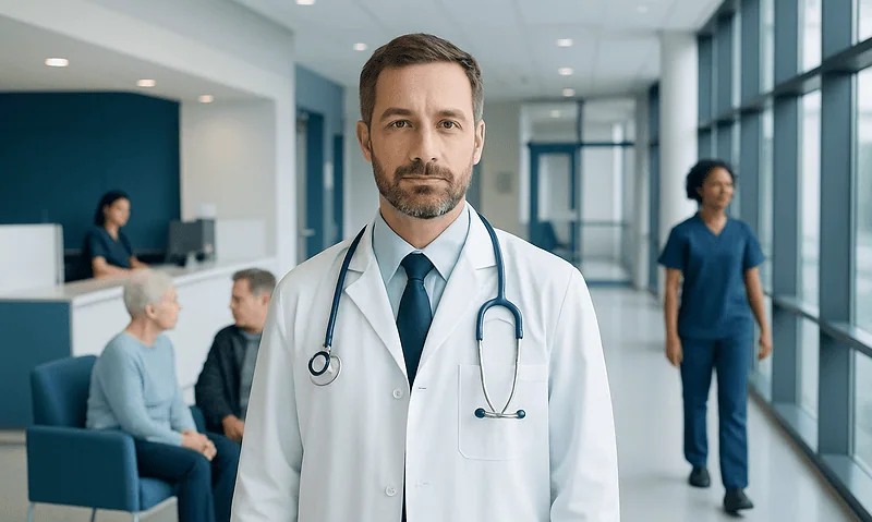 What Is an Oncologist and When to See One 11 Doctor in hospital corridor with patients and staff in background.