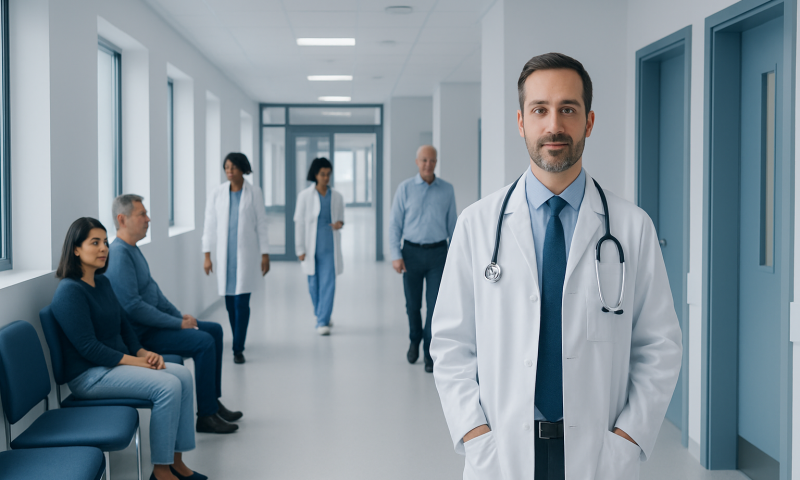 Medical team in hospital corridor with doctor and patients.