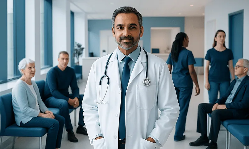 Doctor with patients in a hospital waiting area.