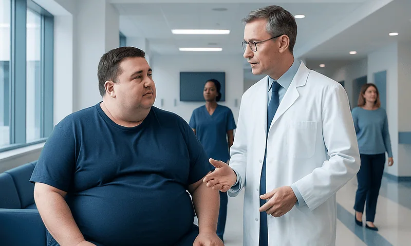 Doctor consulting with a patient in a hospital corridor.