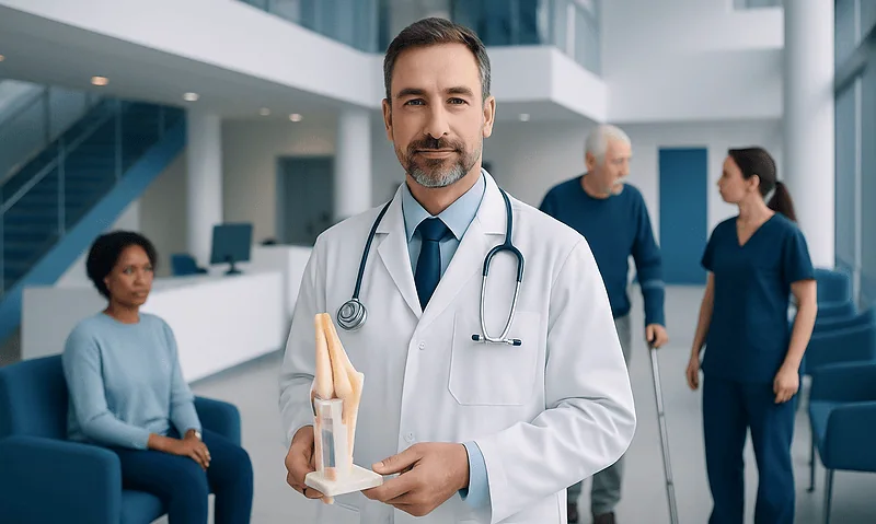 What an Orthopedic Doctor Does 3 Orthopedic doctor holding a knee joint model in a hospital lobby.