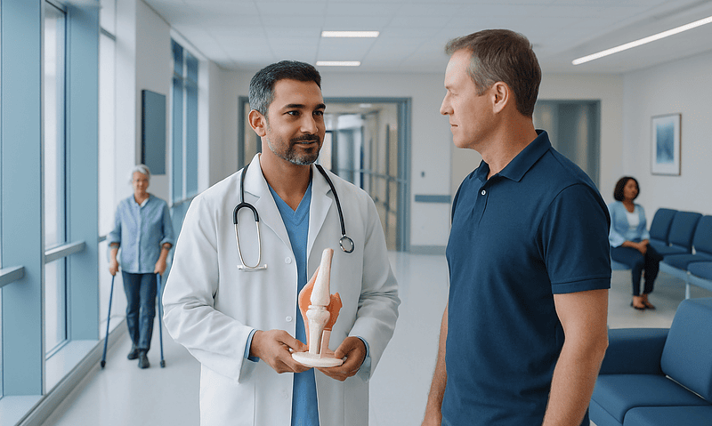 Orthopedic Doctor: What They Treat and When to See One 5 Orthopedic doctor discussing joint model with patient in hospital corridor.