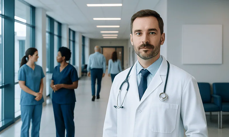 Doctor in hospital corridor with medical staff in background.