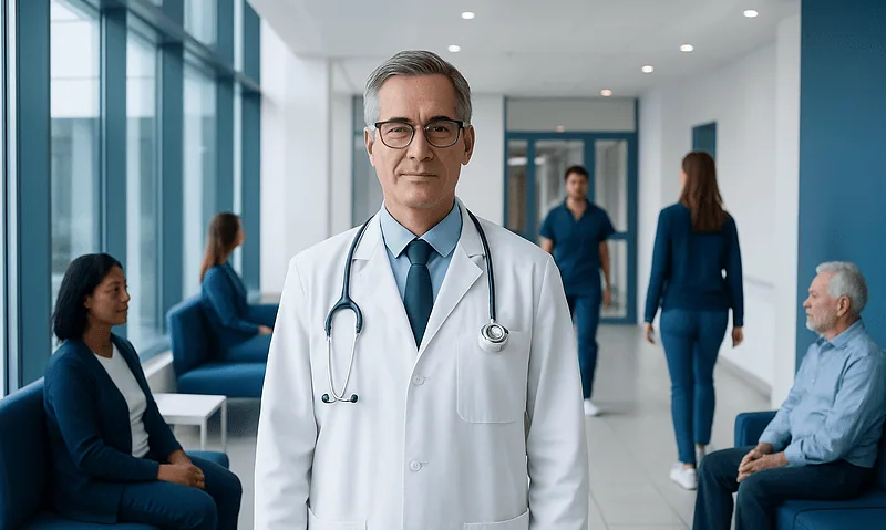Experienced orthopedist in hospital corridor with patients and staff.