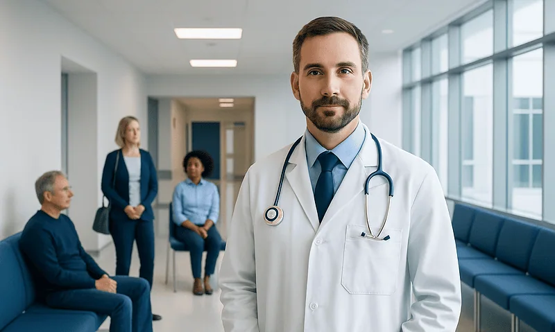 ENT doctor in hospital corridor with patients and staff in background.