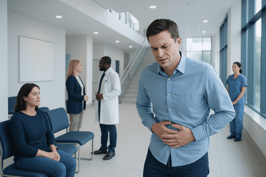 Ulcerative Colitis Flare: What to Do and When to Seek Urgent Care 1 Man experiencing stomach pain in hospital waiting area.