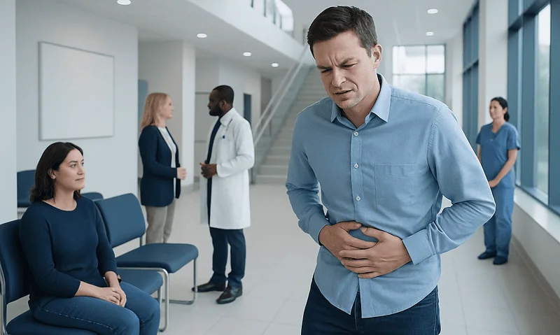 Man experiencing stomach pain in hospital waiting area.