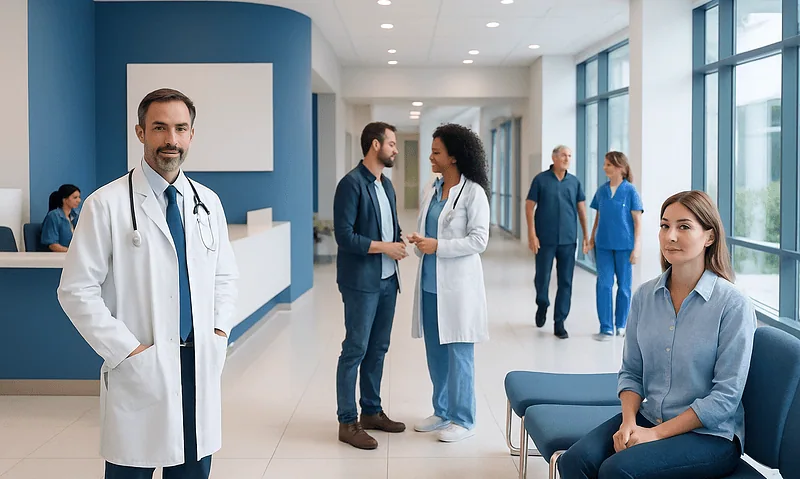 Medical team and patients in a modern hospital corridor.