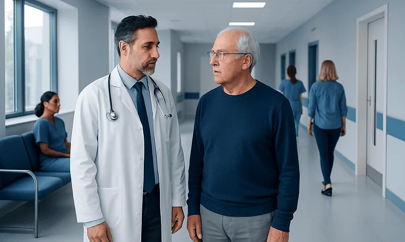 Doctor consulting with an elderly patient in hospital corridor.