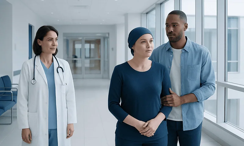 Patient and caregiver talking to doctor in hospital corridor.