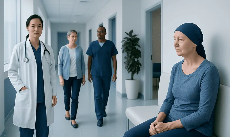 Patient receiving consultation in hospital corridor with medical staff nearby.