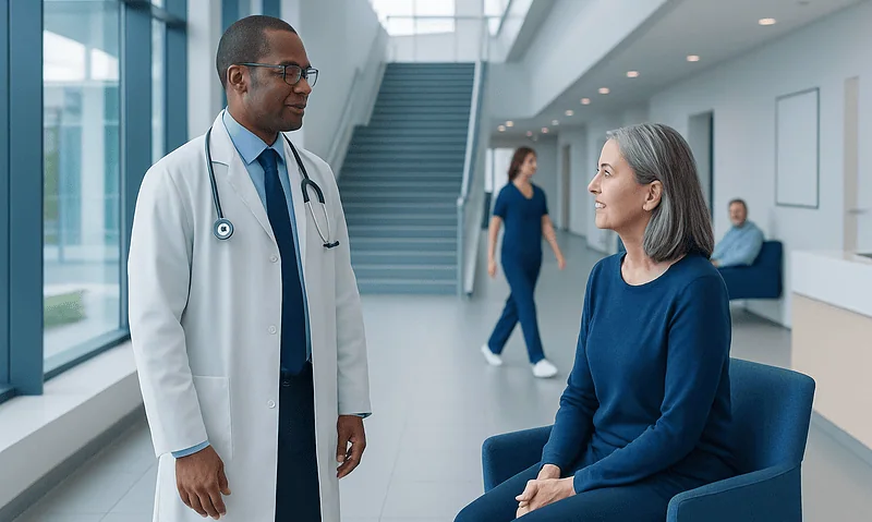Health Library 3 Doctor consulting with a senior female patient in a modern hospital lobby.