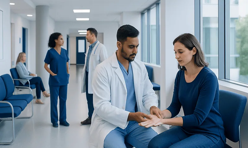 Doctor examining patient's hand in hospital corridor for Carpal Tunnel treatment.