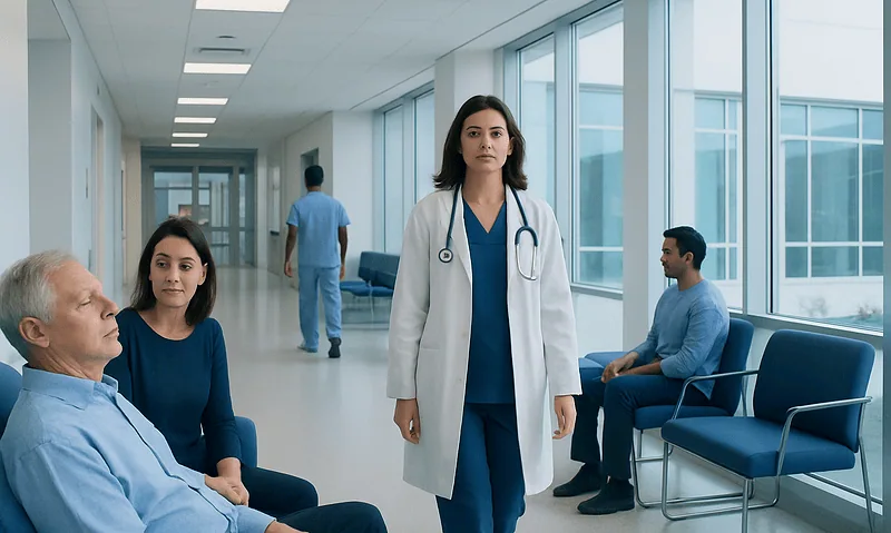 Medical team in hospital corridor with patients and doctor in white coat.