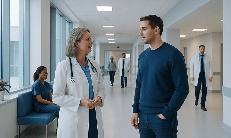 Medical professionals and patient in hospital corridor at Acibadem Hospitals Group.
