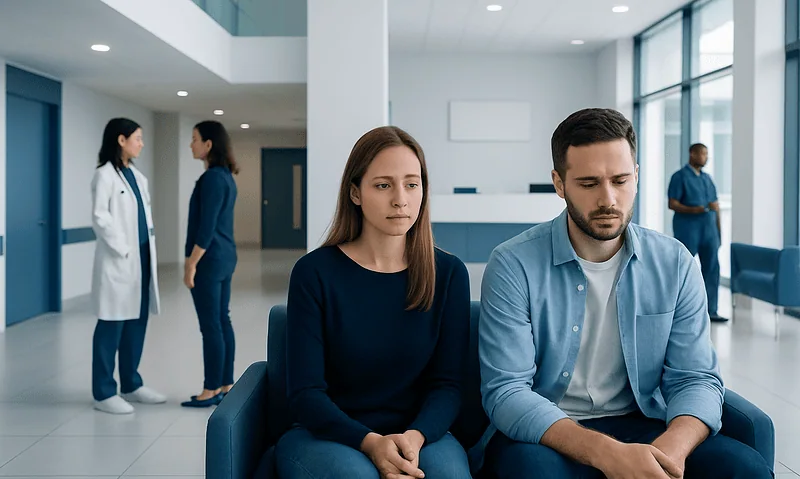 Couple waiting in a hospital lobby for mental health support.