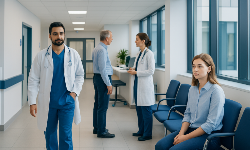 Medical professionals and patient in hospital corridor.