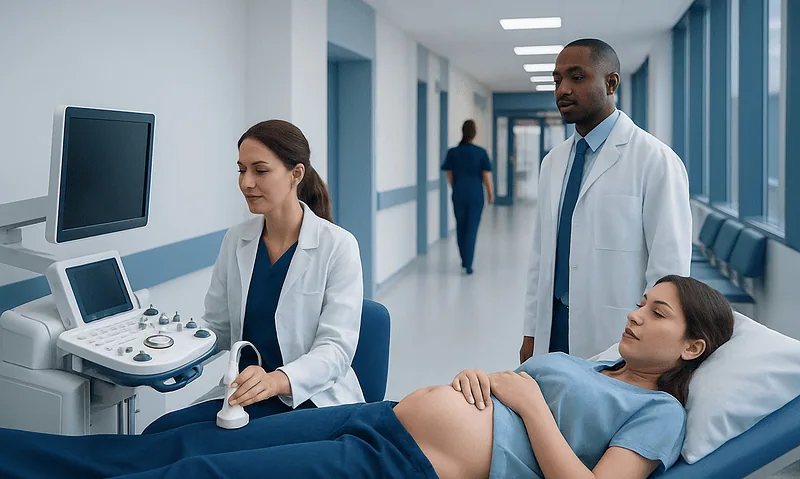 Medical professionals perform ultrasound examination on patient in hospital corridor.