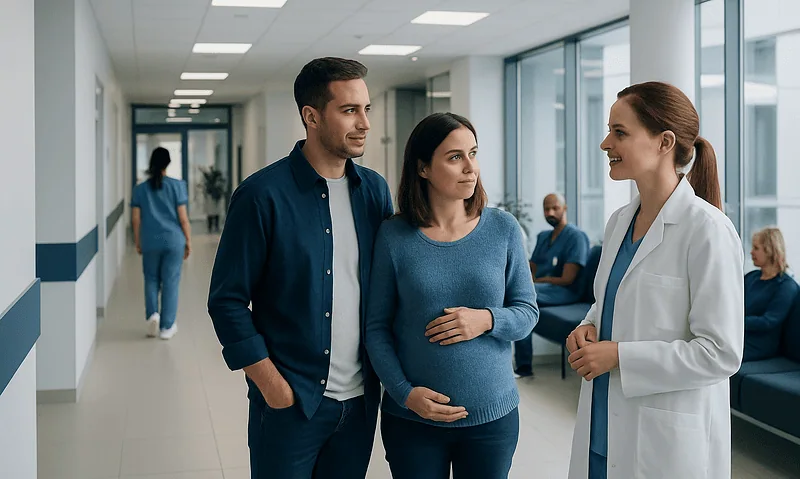 Pregnant woman consulting with doctor in hospital corridor.