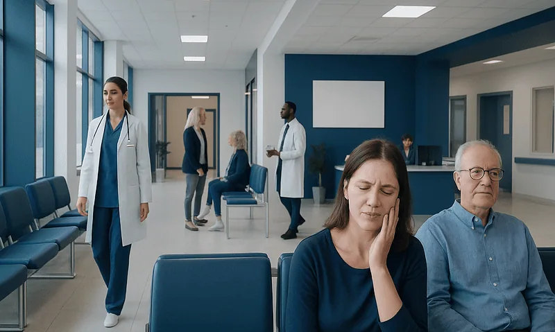Patients waiting in a modern hospital corridor with medical staff nearby.