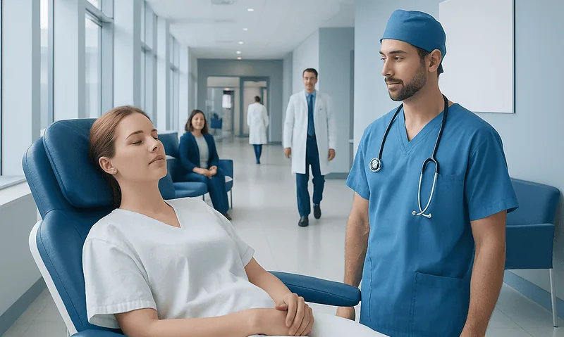 Patient in hospital bed with medical staff in modern hospital corridor.