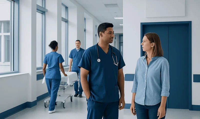 Healthcare professionals discussing patient care in hospital corridor.
