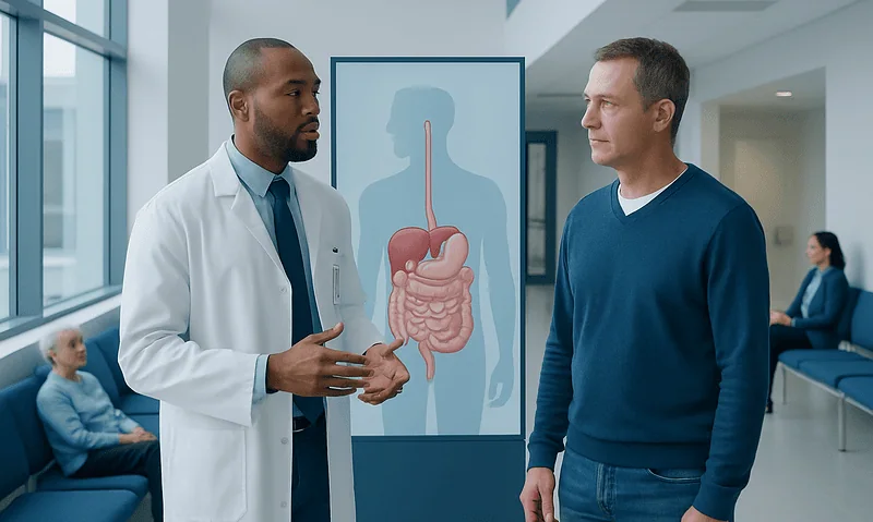 Doctor explaining gastrointestinal health to a patient in a hospital corridor.