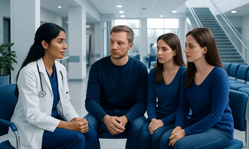 Genetic Carrier Screening Before IVF: Who Should Consider Testing? 9 Doctor consulting with three patients in a hospital corridor.