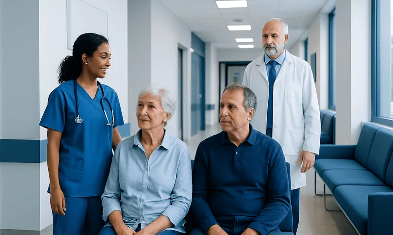 Healthcare professional consulting elderly patients in hospital corridor.