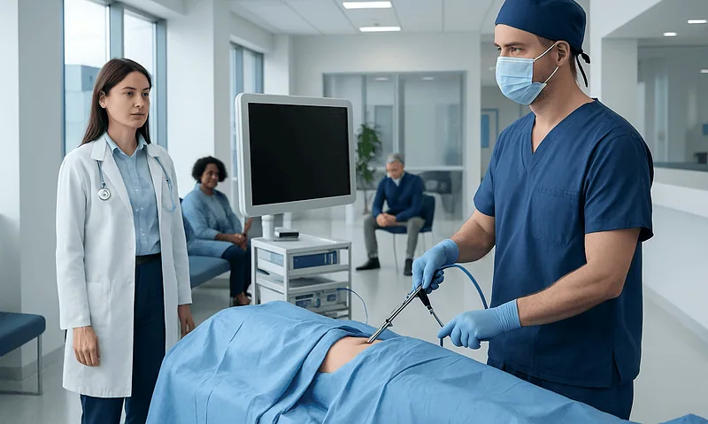 Surgeon performing hip arthroscopy with medical team observing in hospital.