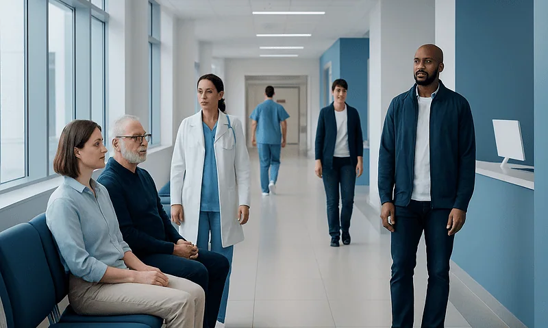 Hospital corridor with patients and staff in a modern healthcare facility.