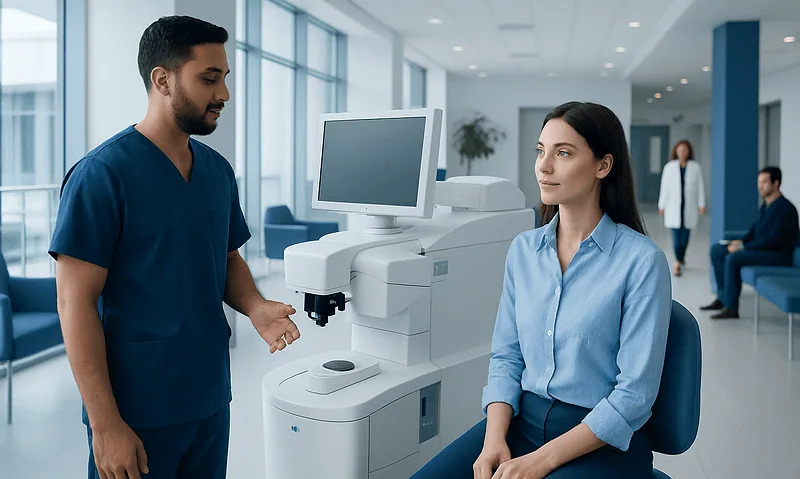 Ophthalmologist explains LASIK procedure to patient in modern clinic.