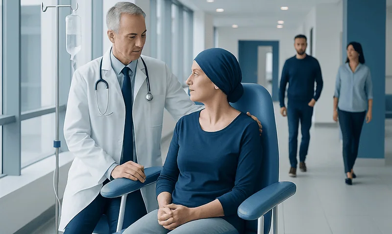 Immunotherapy for Cancer: Benefits, Risks, and Response Monitoring 2 Oncologist consulting a cancer patient in hospital corridor.