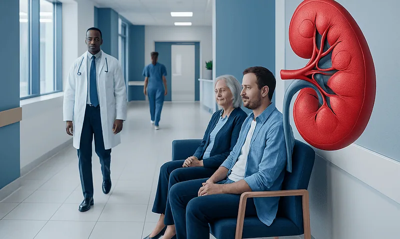 Medical consultation for kidney health with a kidney illustration in hospital corridor.