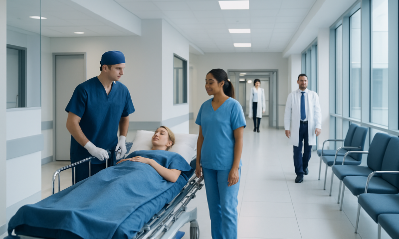 Hospital staff attending to a patient in a modern medical facility.