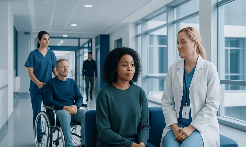 Hospital staff attending to a patient in a modern healthcare facility.