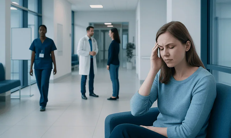 Young woman with headache in hospital corridor, healthcare professionals in background.