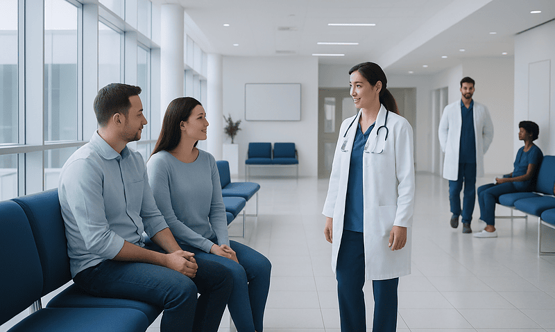 Doctor consulting with patients in a modern hospital waiting area.