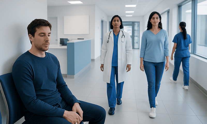 Patient waiting in hospital corridor with medical staff nearby.