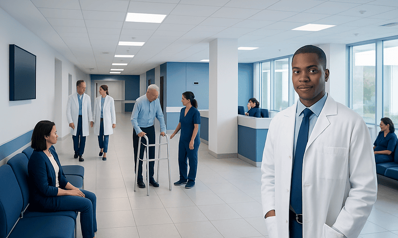 Medical professionals and patients in a modern hospital corridor.