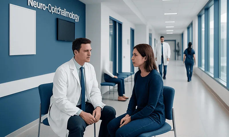 Neuro-ophthalmology consultation at Acibadem Hospital with doctor and patient.