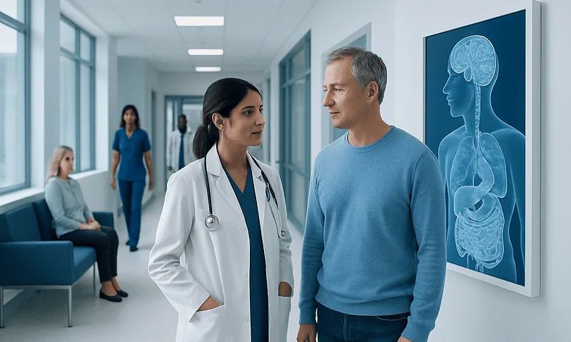 Doctor and patient discussing brain-gut health in hospital corridor.