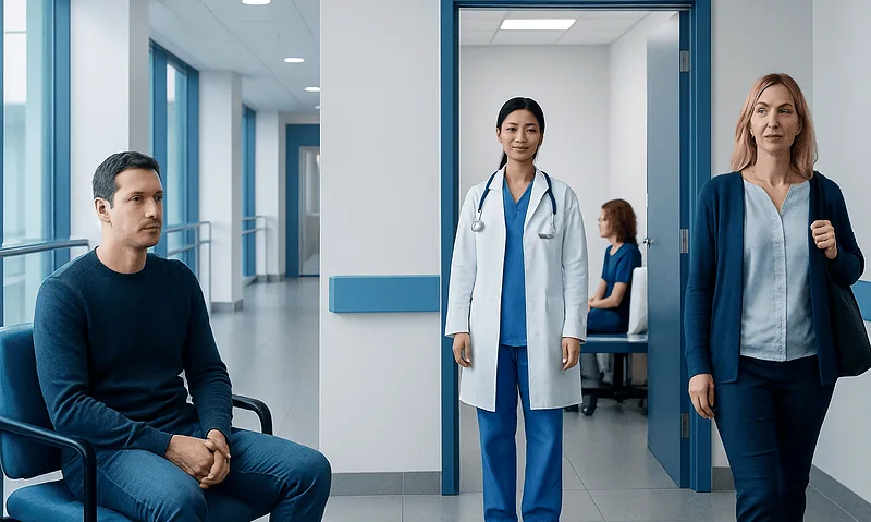 Patients waiting in a hospital corridor with a doctor and nurse present.