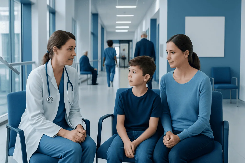 Neuropediatrics: Warning Signs a Child May Need a Pediatric Neurology Evaluation 1 Doctor consulting a young boy and his mother in a hospital corridor.